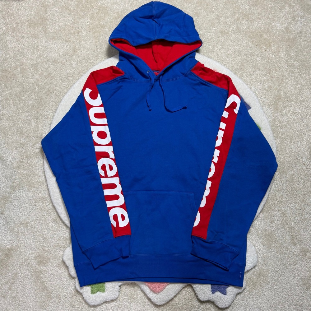 Supreme Sideline Hooded Sweatshirt Blue Red Logo Sleeve Hoodie Size Medium